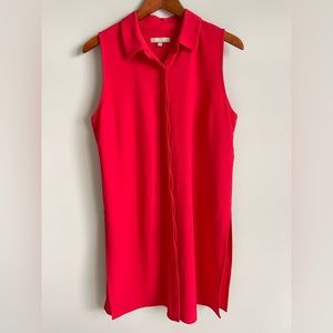 Joan Vass Studio Sz L Longline Red Tunic Hidden Button Front Stretch Sleeveless